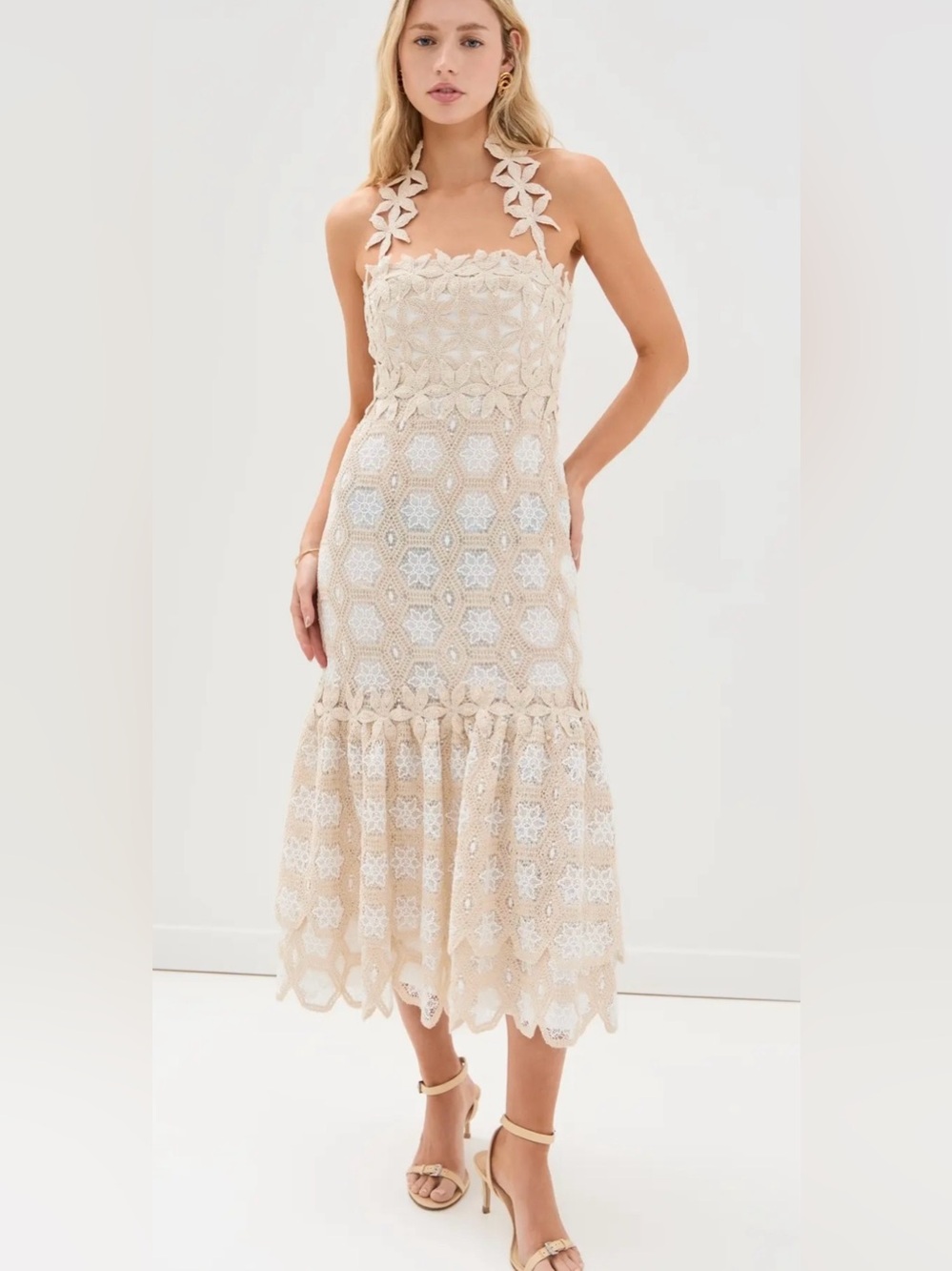 PatBo Beige Crochet Halter Midi Dress Size 10